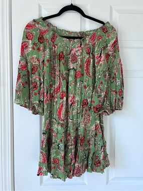 Green Floral Off-Shoulder Boho Tunic Dress with Red Paisley Print